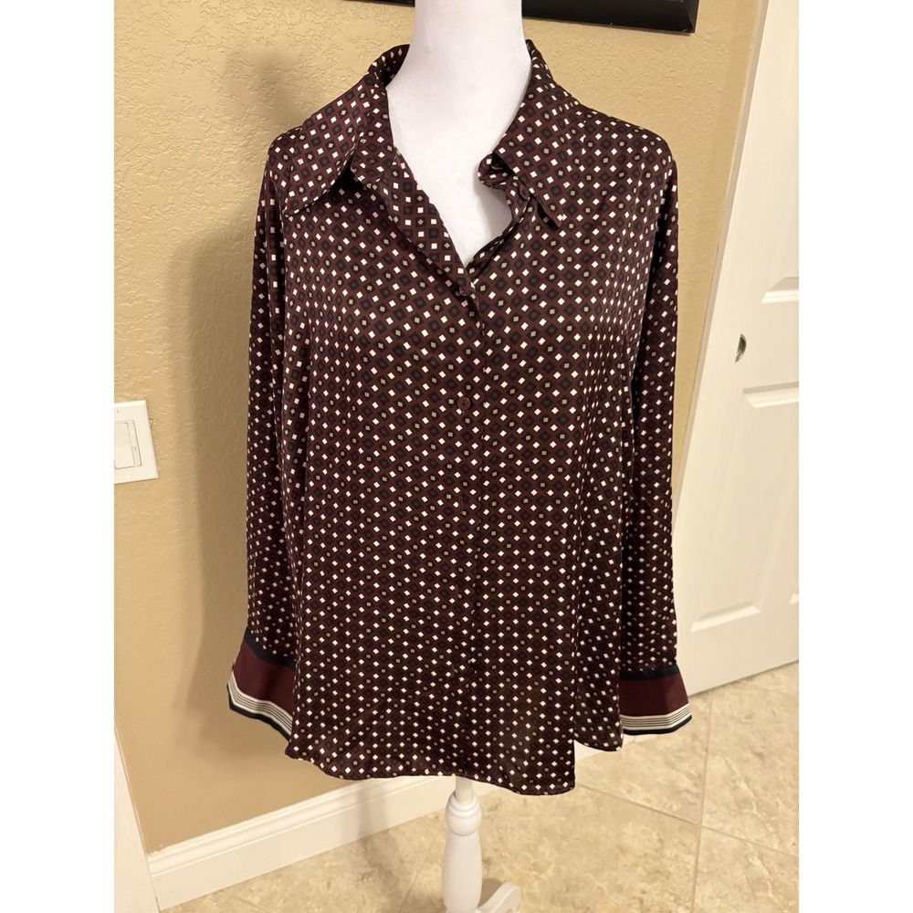 H&M Women's Satin Shirt, Loose Fit, Burgundy With Geometric Print,‎ Large, NWT